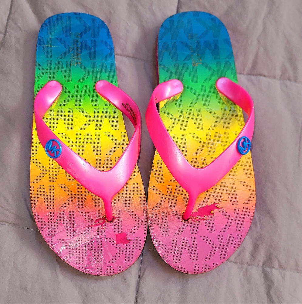 Michael Kors Endine Stripe Girl's Rainbow "MK" flip flops - Size 4